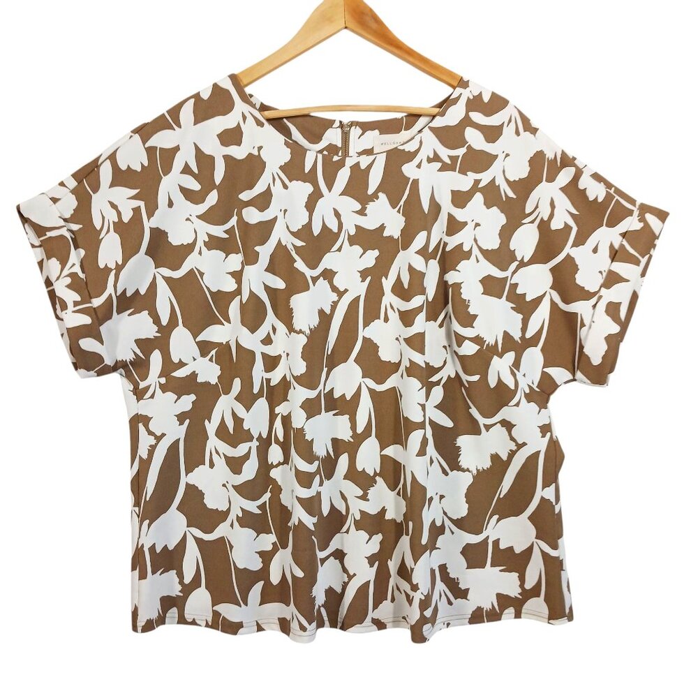 Melloday, Women's 2X Floral Print Top, Short Sleeve, Tan & White, 1/4 Zip Back